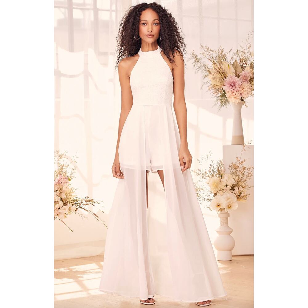 Lulus Love Speaks White Lace Halter Maxi Romper Wedding Bridal Medium NWT